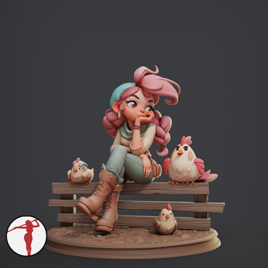 a figurine of a girl sitting on a bench surrounded by chickens