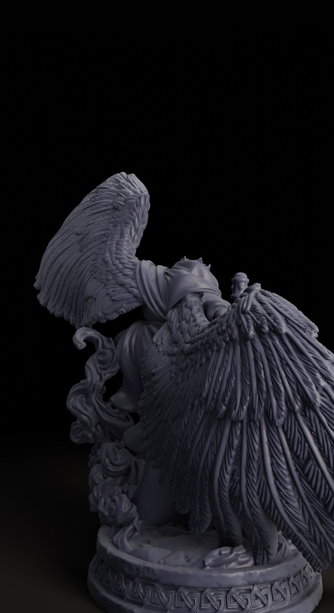 a statue of an angel with wings on a black background