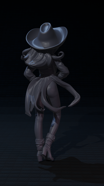 a woman in a dress and hat standing in the dark