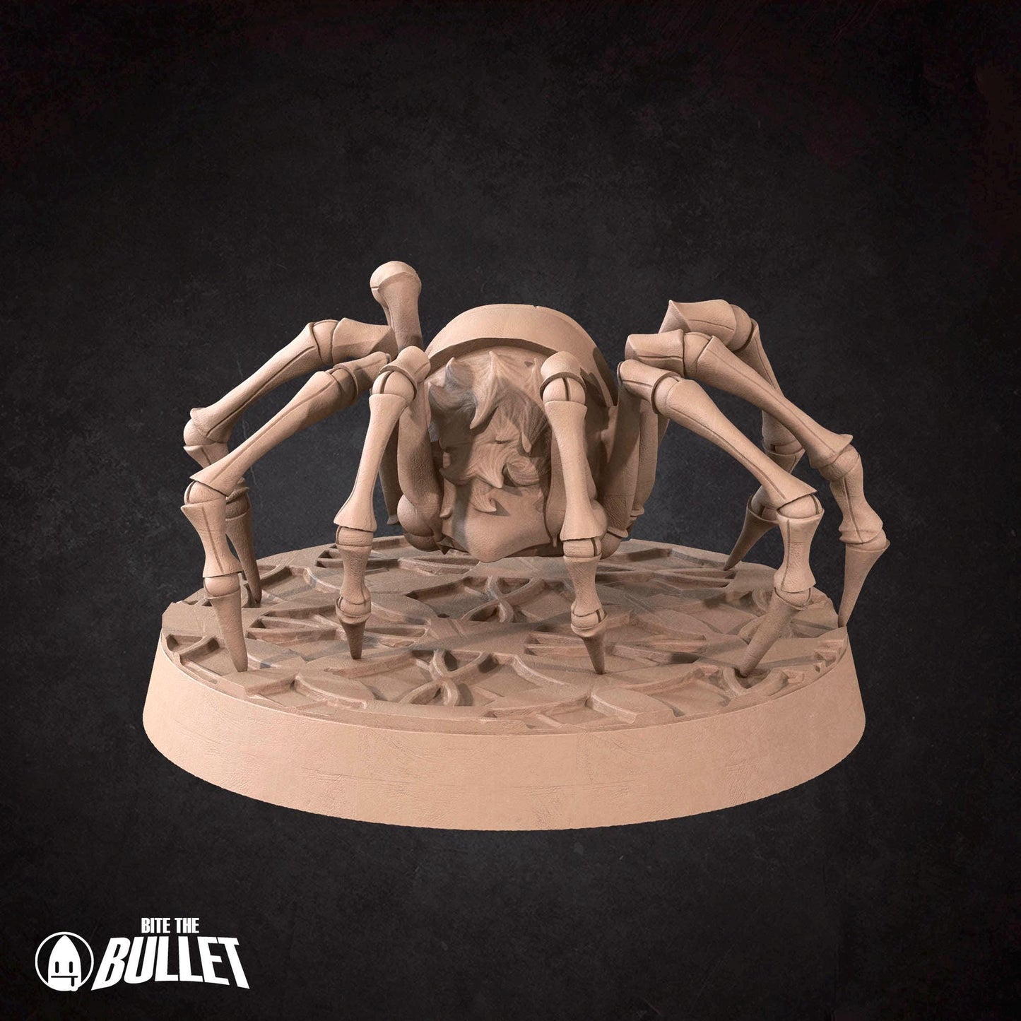 a wooden model of a spider on a black background