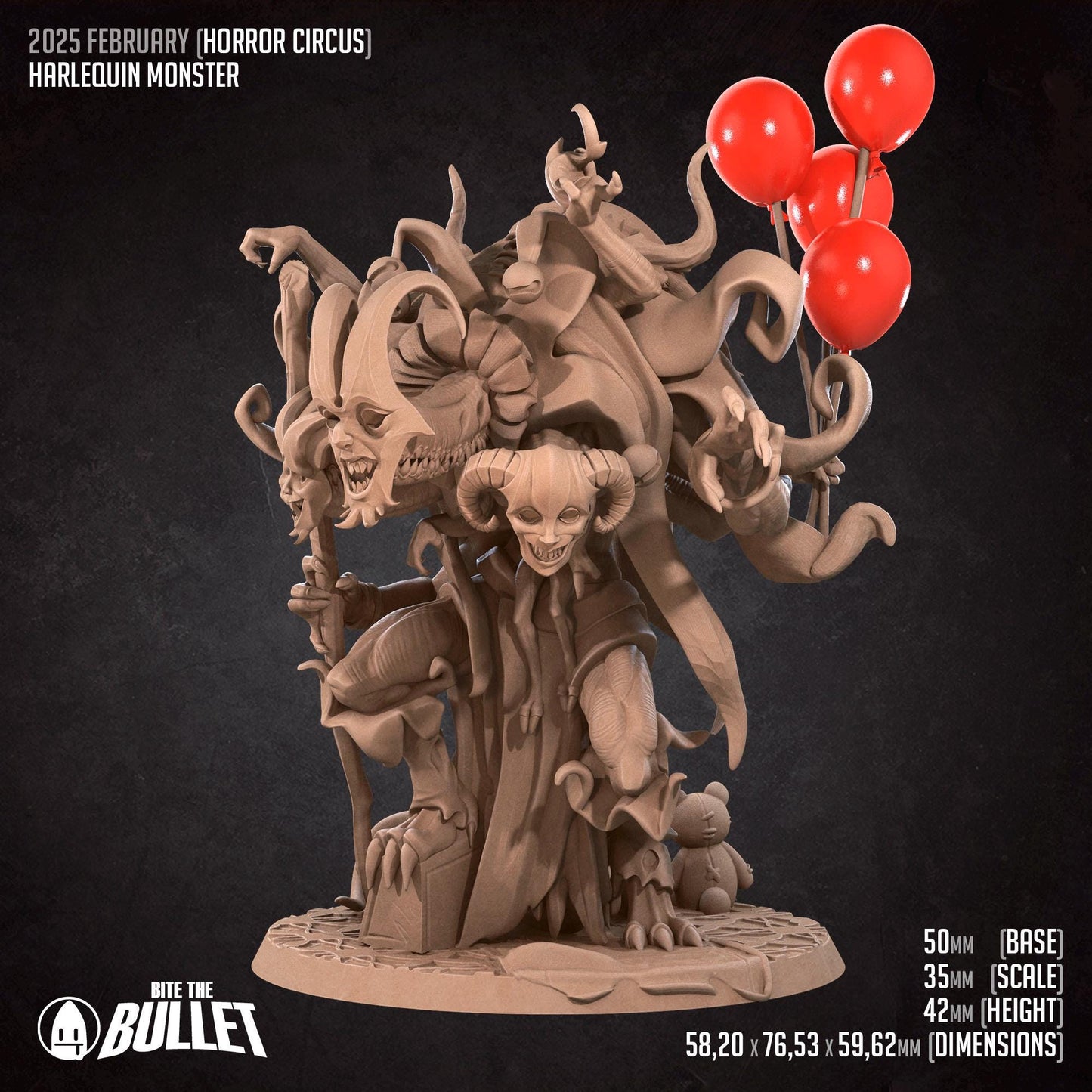 a statue of a demon holding a bunch of red balloons