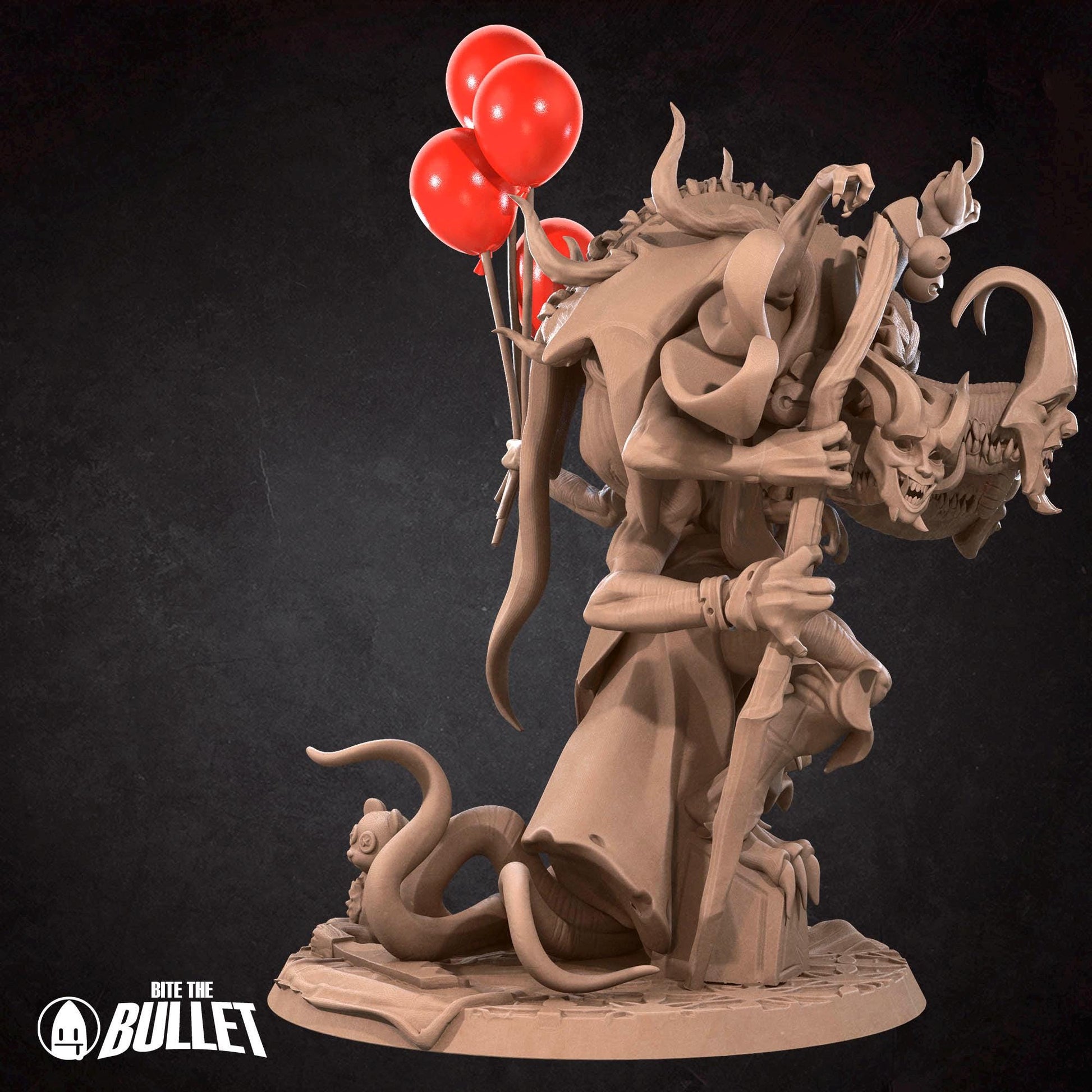 a statue of a demon holding a bunch of red balloons