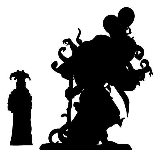 a black and white silhouette of a statue and a clock tower