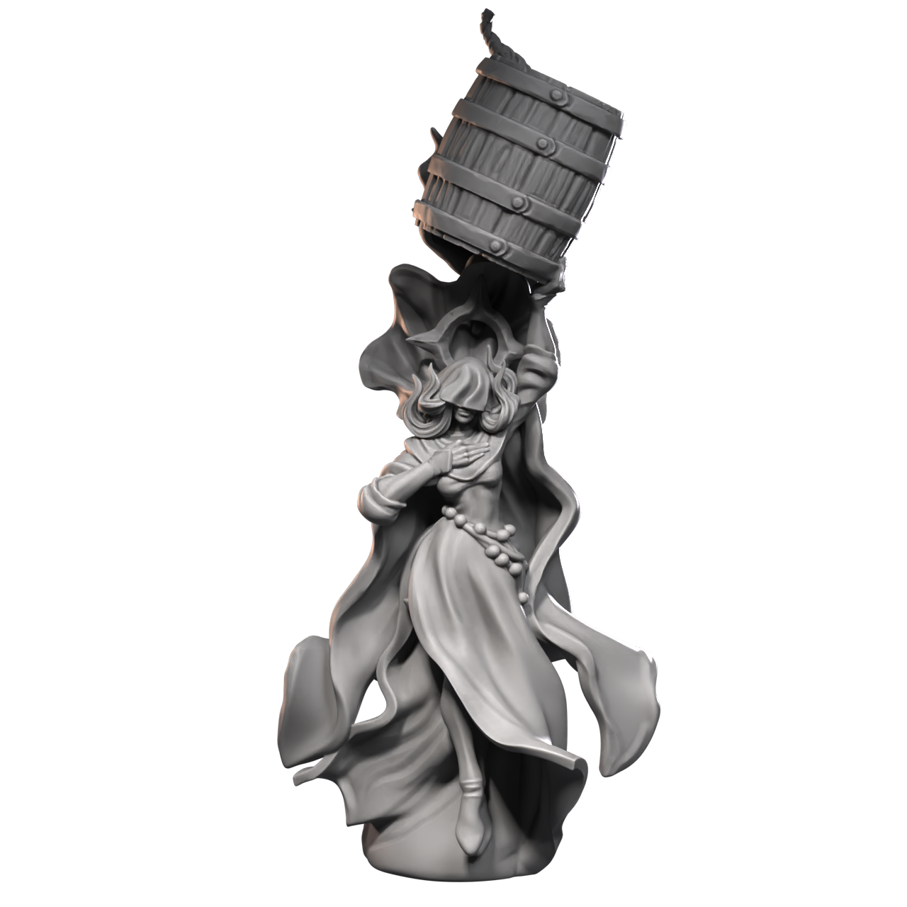 a statue of a wizard carrying a barrel on his head