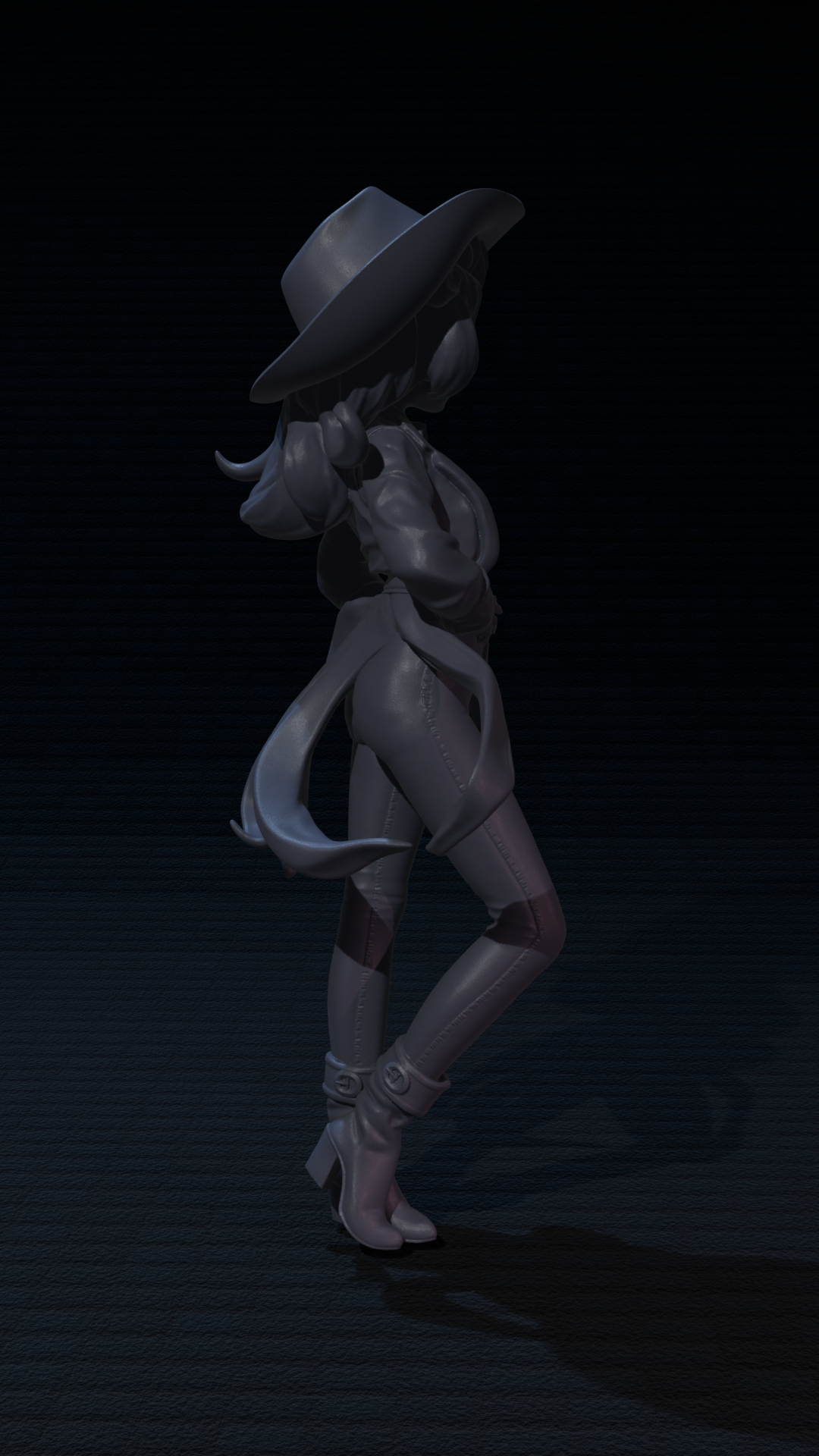 a woman with a hat and boots standing in the dark