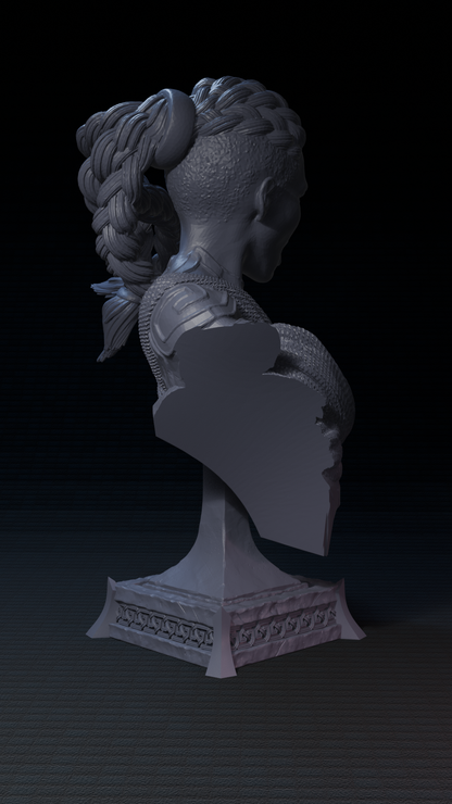 a white sculpture of a woman with a ponytail