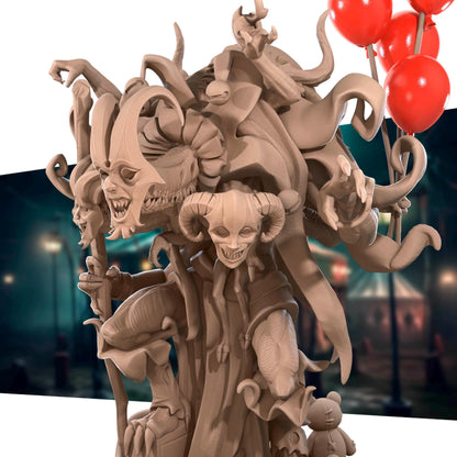 a statue of a demon holding a bunch of red balloons