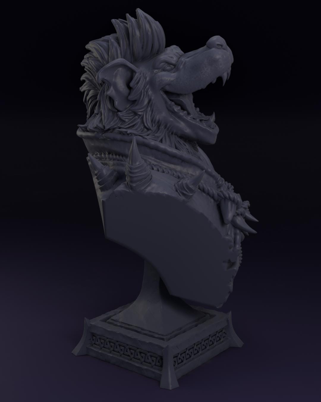 a statue of a lion head on a pedestal