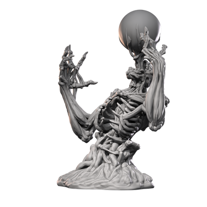 a skeleton holding a silver ball in its hand